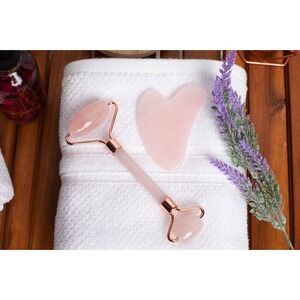 Rose Quartz Roller and Guasha Set by LUSTRIOUS 100% Natural Rose Quartz Stone
